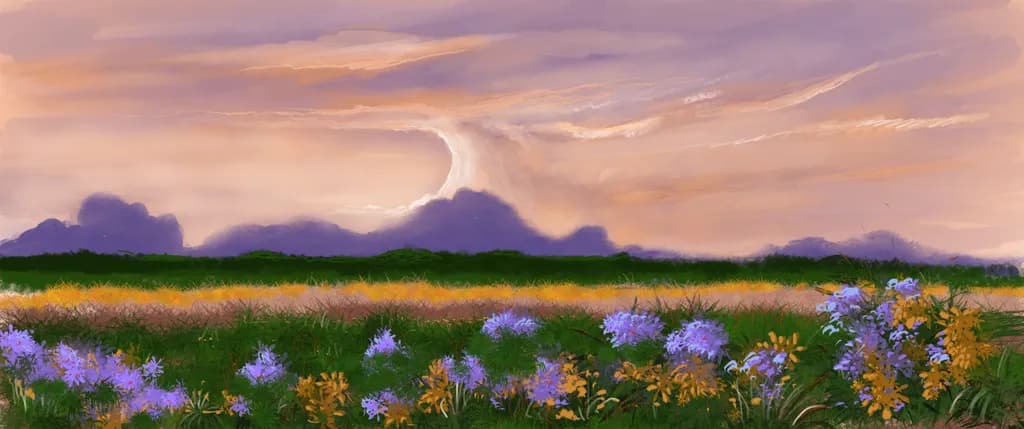 Serenity in Bloom: A Tranquil Landscape of Colorful Flowers Under a Dreamy Sky