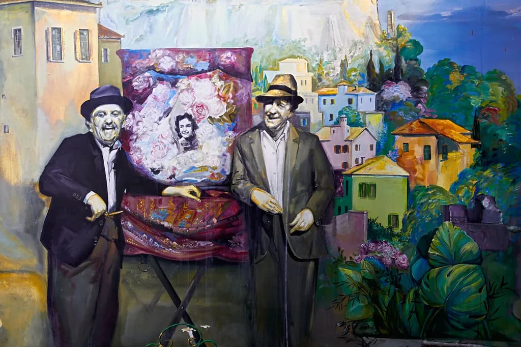 Whimsical Portraits: Two Gentlemen Celebrating Art Against a Vibrant Landscape