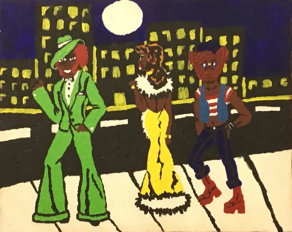 Vibrant Nightlife: Retro Fashionistas Strut Their Stuff Under the Moonlight