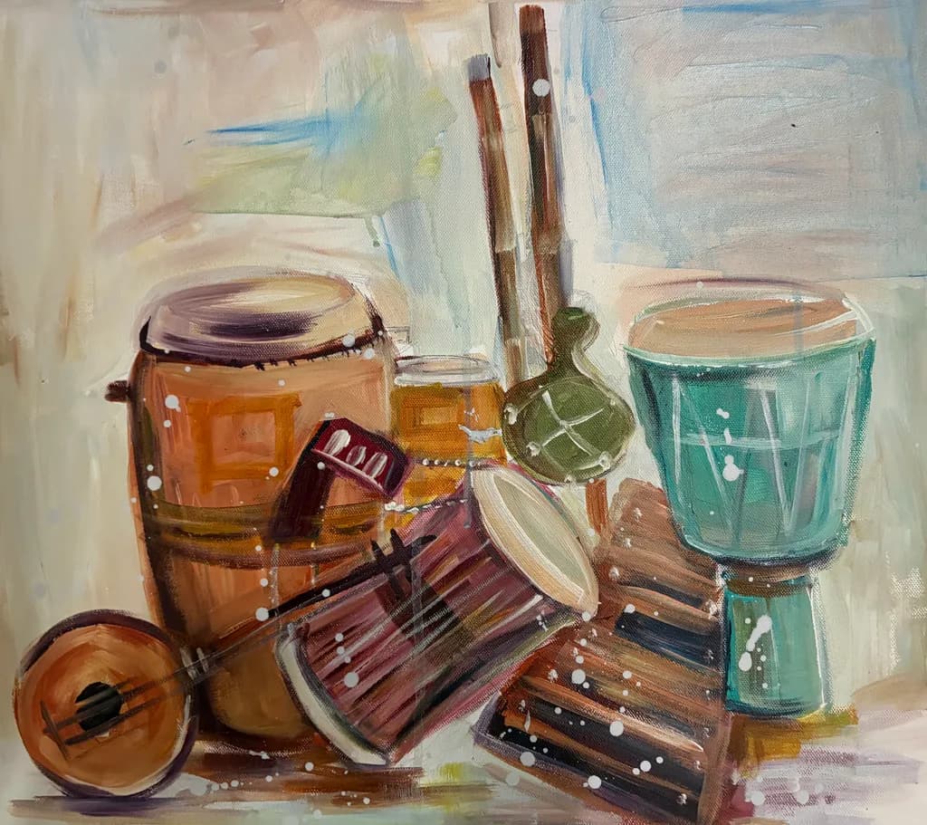 Rhythmic Harmony: An Abstract Still-Life Celebration of Drums and Colorful Sounds