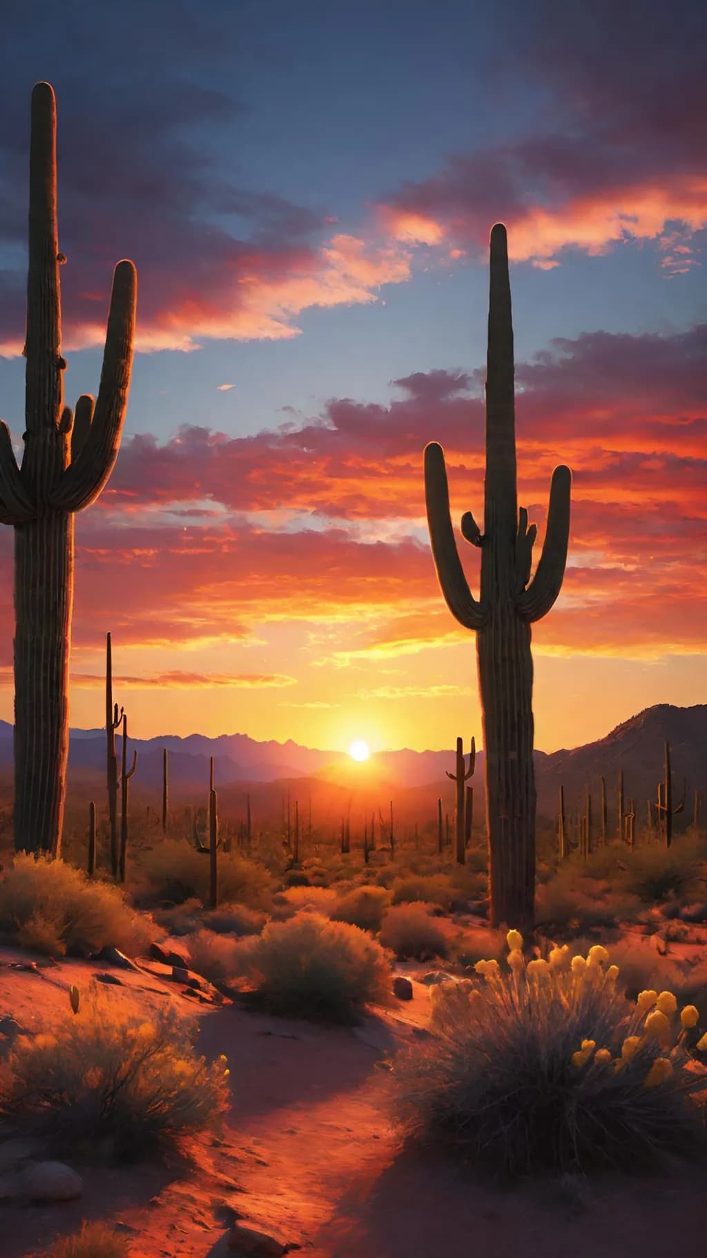 Desert Sunset Symphony: A Majestic Cactus Landscape at Dusk
