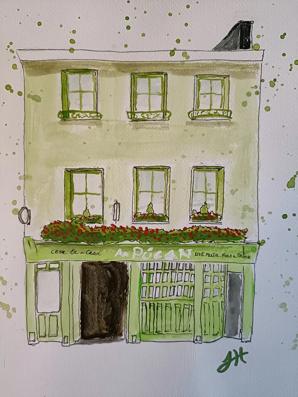 Charming Green Facade: A Watercolor Tribute to Architectural Elegance