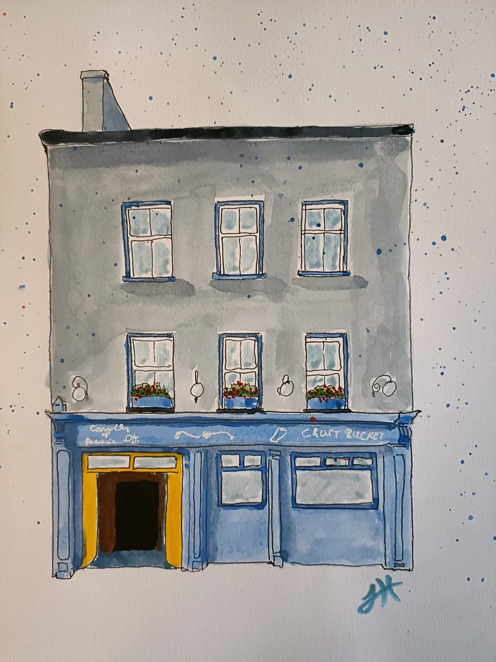 Charming Blue Facade: A Watercolor Tribute to Urban Architecture