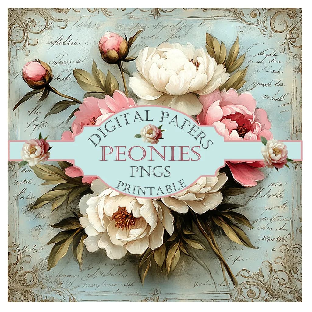 Whispers of Spring: Elegant Peony Digital Papers for Creative Printables