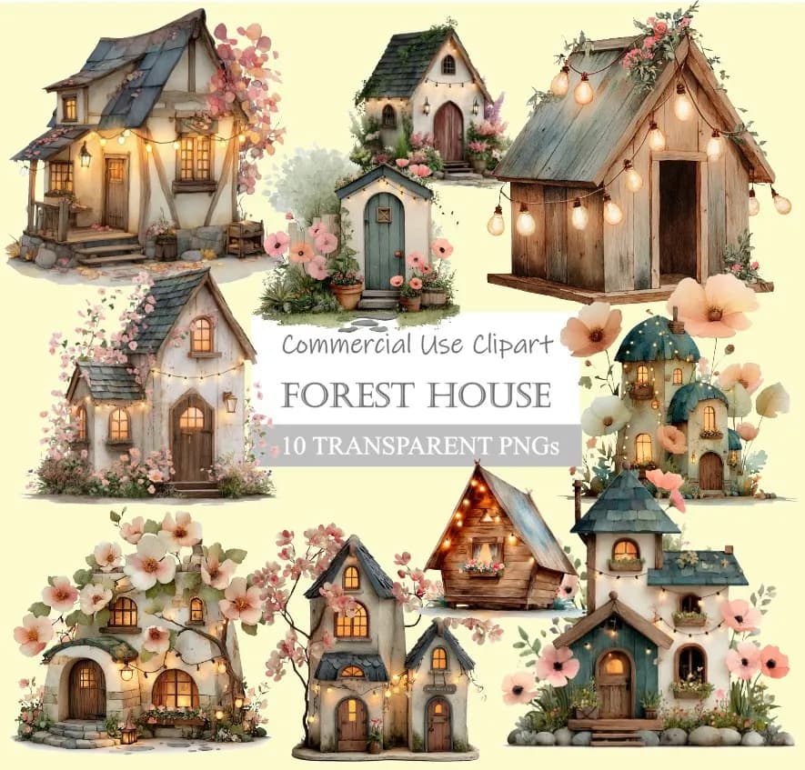 Whimsical Forest Cottage Collection: 10 Enchanted PNGs for Creative Projects