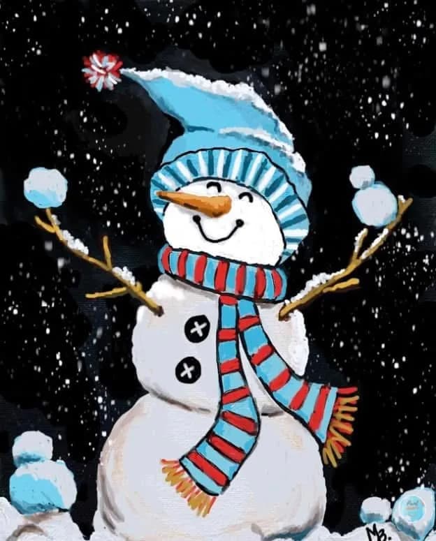 Whimsical Winter Joy: A Cheerful Snowman in a Starry Night Sky