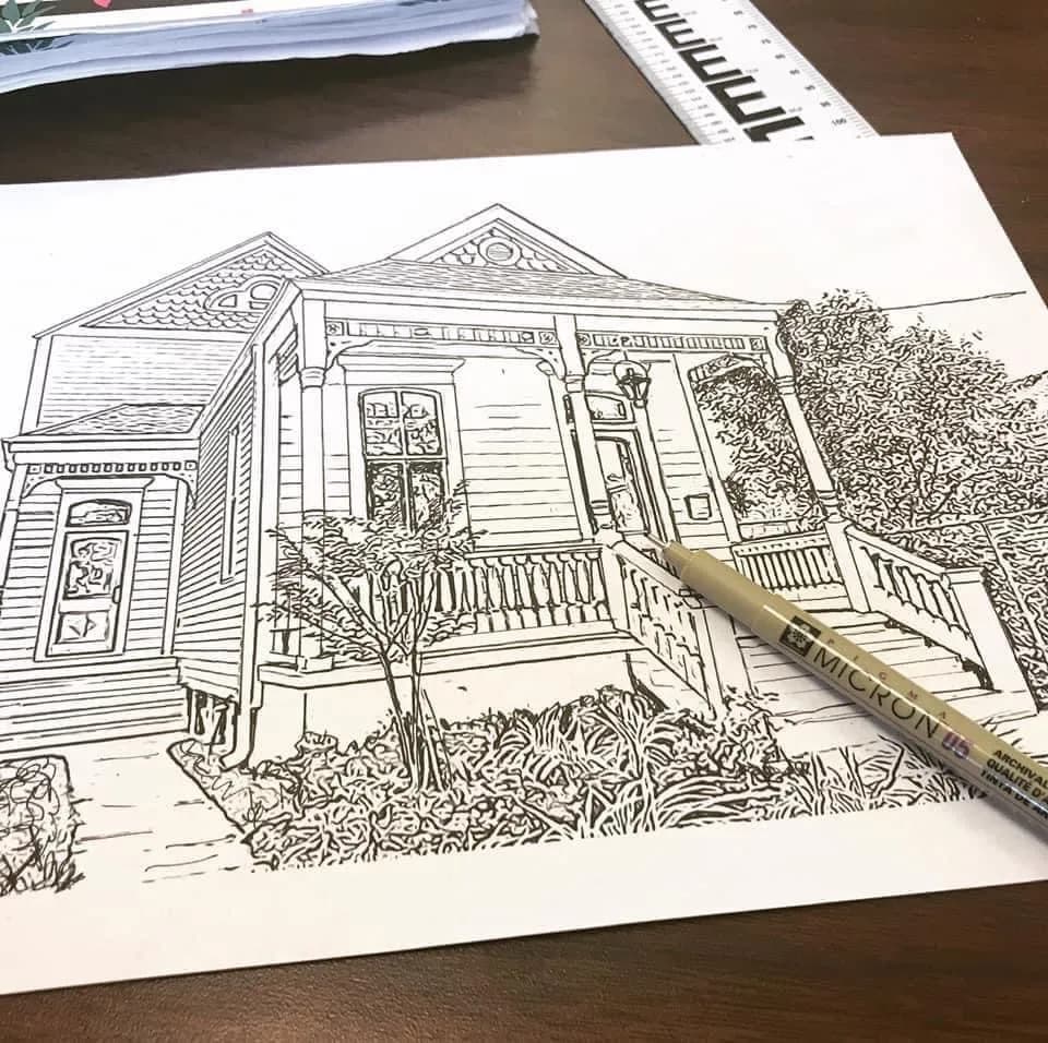 Charming Architectural Sketch: A Detailed Pen Drawing of a Classic Home