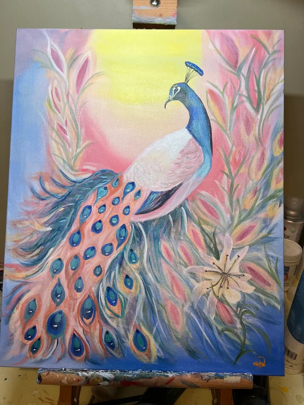 Radiant Elegance: A Colorful Peacock Amidst Blossoms