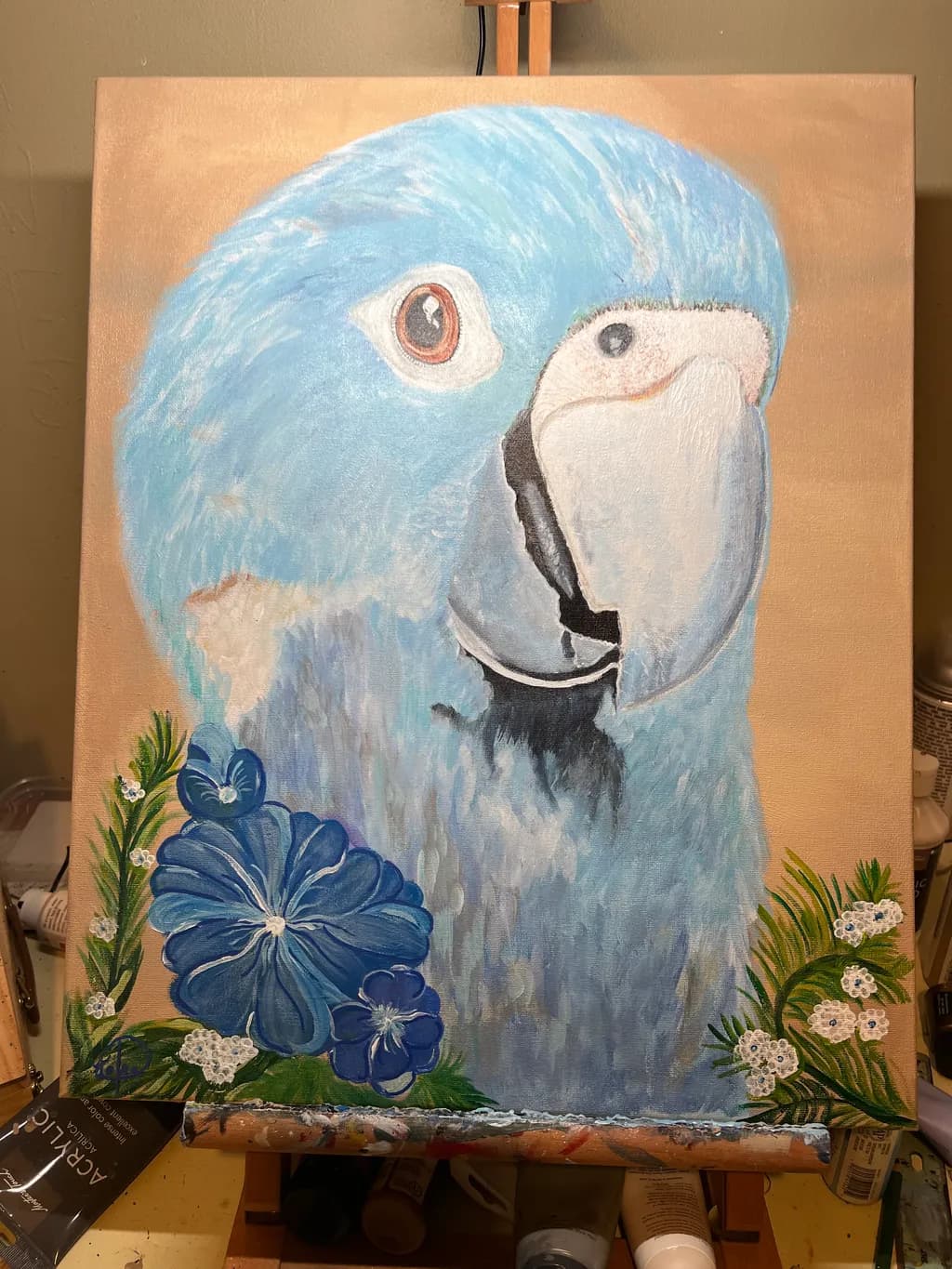 Whimsical Blue Parrot Amidst Vibrant Blooms: A Nature-Inspired Masterpiece