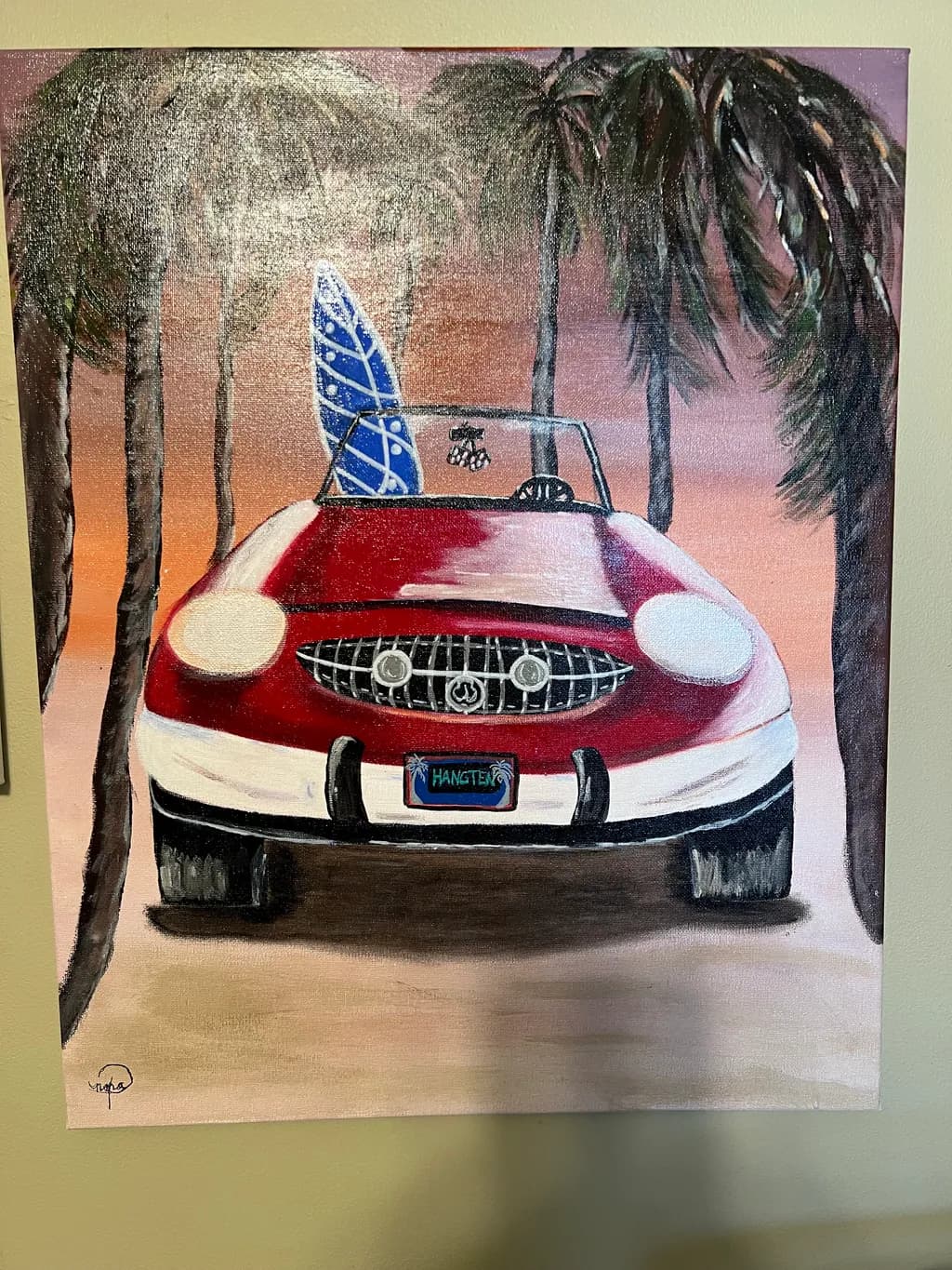 Cruisin' to the Beach: A Vibrant Sunset Escape with Palm Trees and Surfboard Vibes