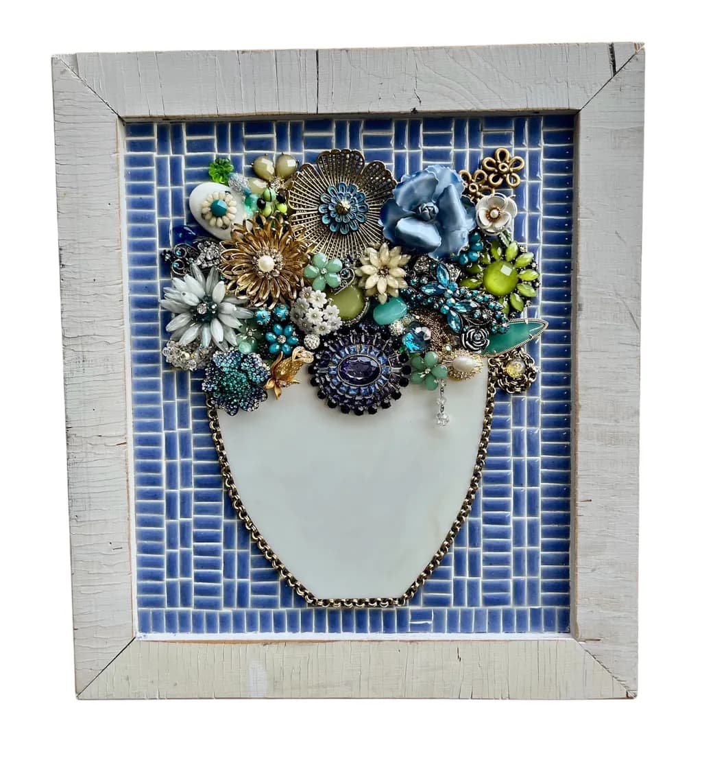 Whimsical Floral Mosaic: A Vintage Brooch Bouquet in Blue and Green Elegance