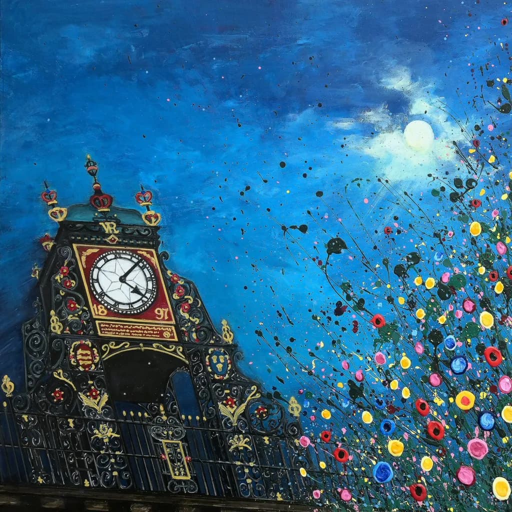 Whispers of Time: A Vibrant Dance of Clock and Blossoms Under the Moonlight