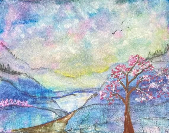 Whispers of Spring: A Serene Landscape with Blossoming Cherry Tree and Tranquil Waters