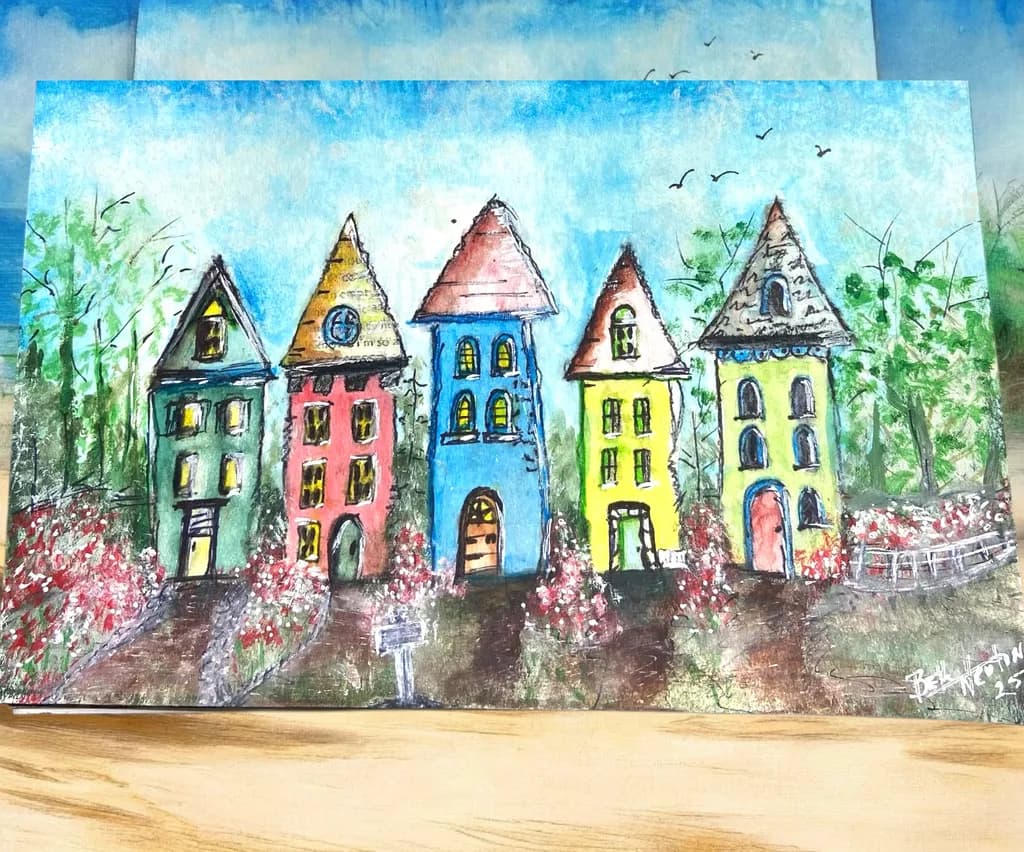 Whimsical Blooms: A Colorful Landscape of Charming Houses and Vibrant Flowers
