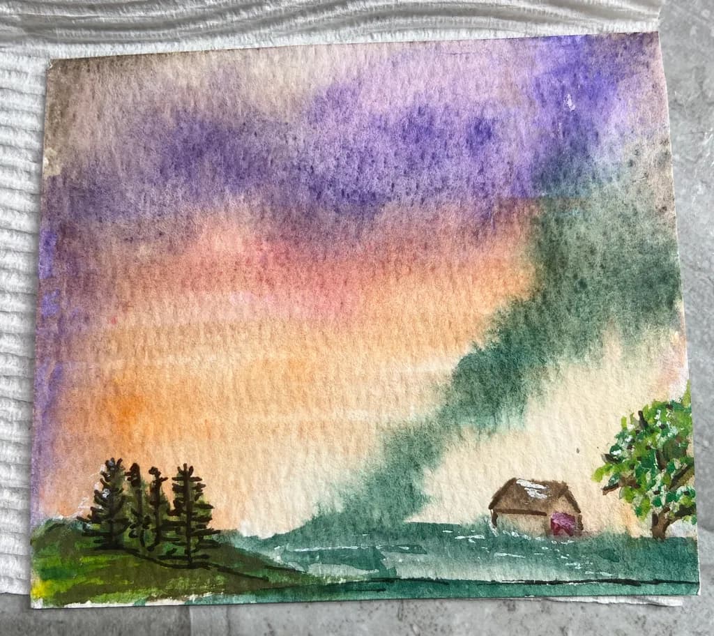 Whispers of Twilight: A Serene Watercolor Landscape with Rustic Charm
