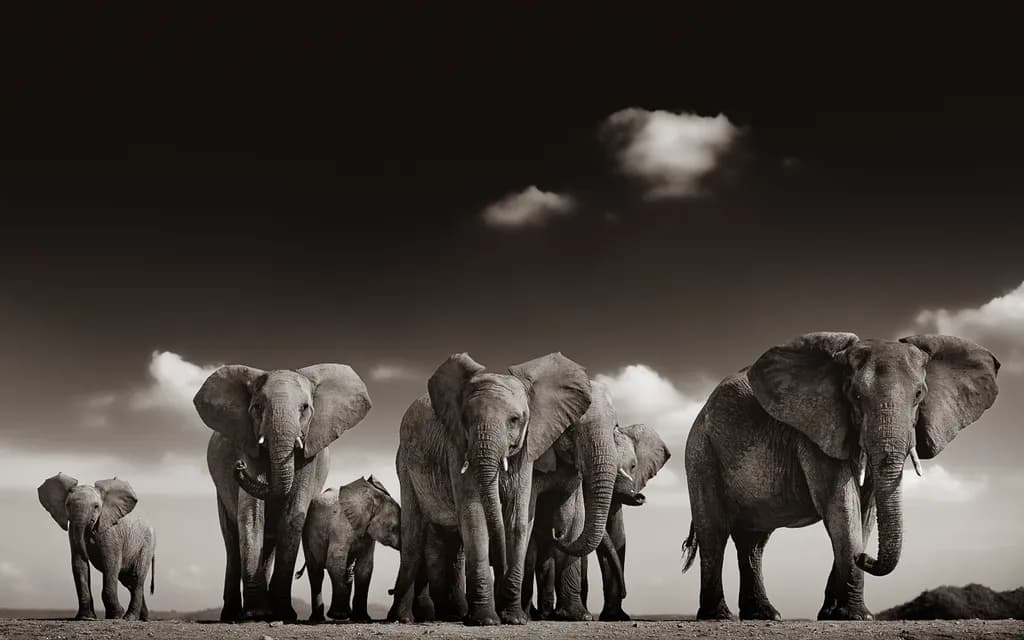 Majestic Monochrome Herd: Elephants in Nature's Embrace