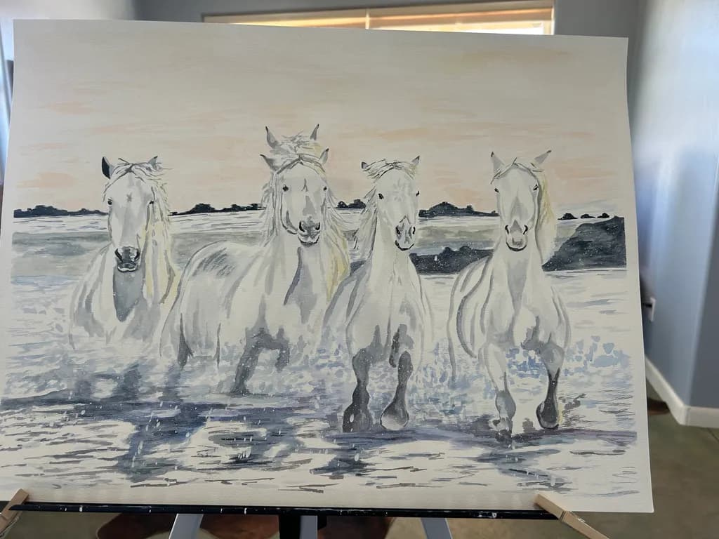 Galloping Grace: A Serene Dance of White Horses in Shimmering Waters