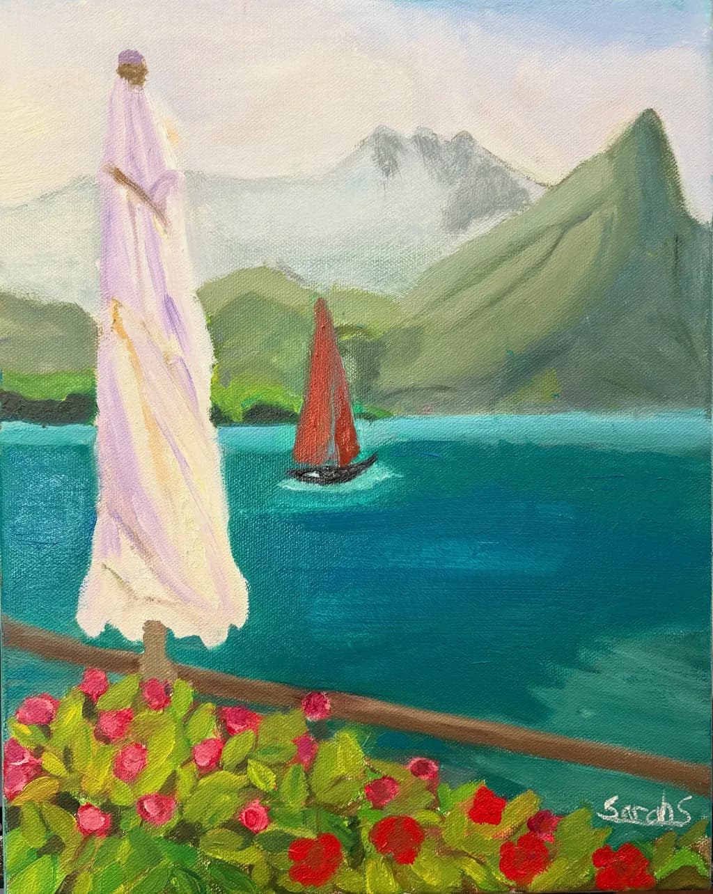 Serenity by the Water: A Tranquil Landscape of Sailing and Blossoms