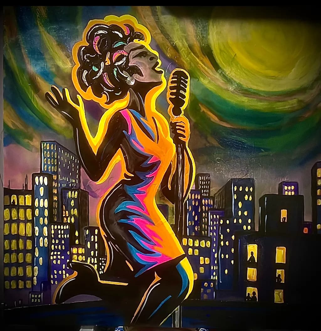 Vibrant Night Serenade: A Cityscape Celebration of Expression and Song