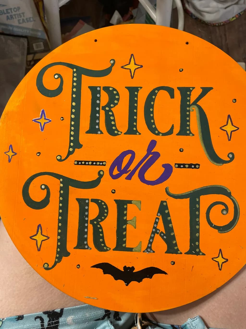 Whimsical Halloween Sign: "Trick or Treat" with Bat and Stars Design