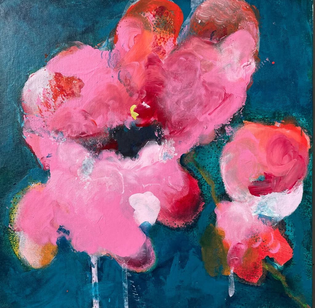 Whispers of Pink: A Vibrant Floral Dance on Deep Blue Canvas
