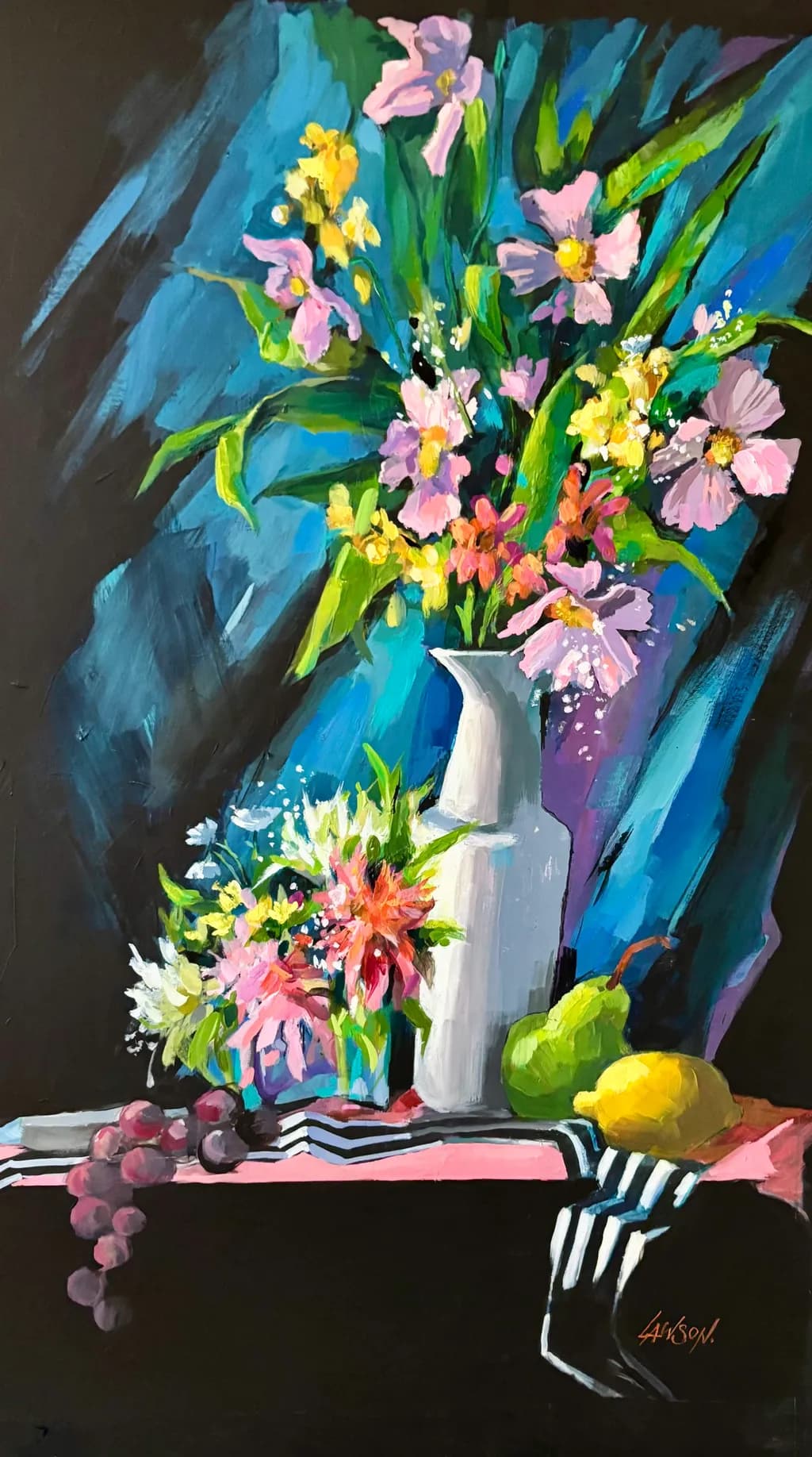 Vibrant Harmony: A Colorful Still-Life of Flowers and Fruit in a Vase