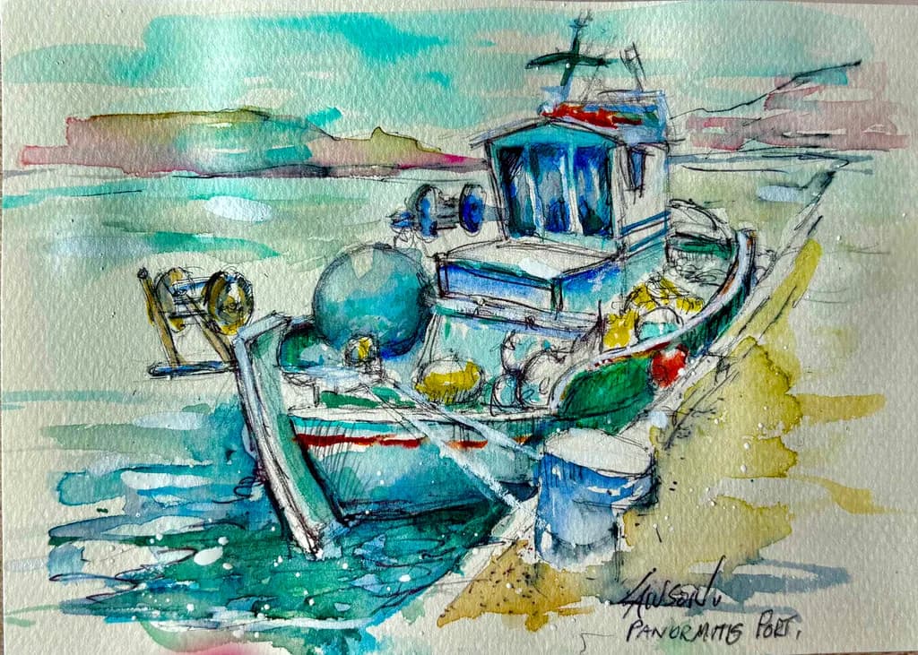 Serenity at Panormitis Port: A Watercolor Journey of a Fishing Boat