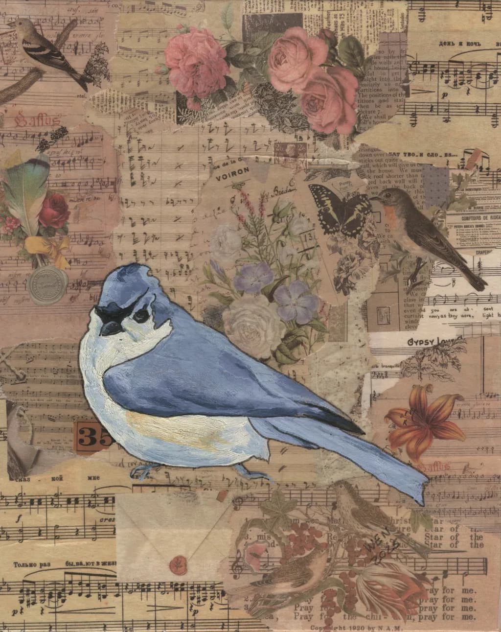 Whispers of Melody: A Colorful Collage of Birds and Blooms