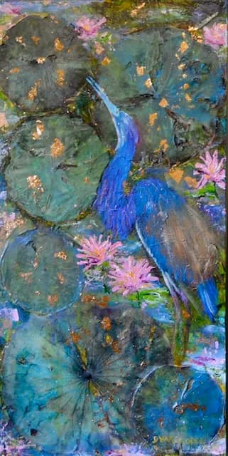 Whispers of Serenity: A Heron Among Water Lilies and Blossoms