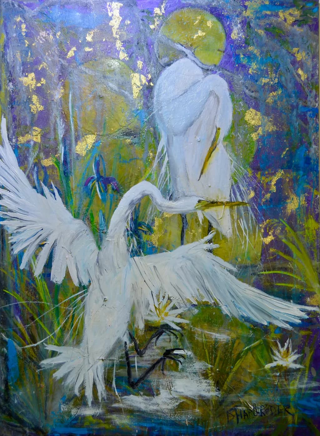 Graceful Birds Dancing in Moonlit Landscape