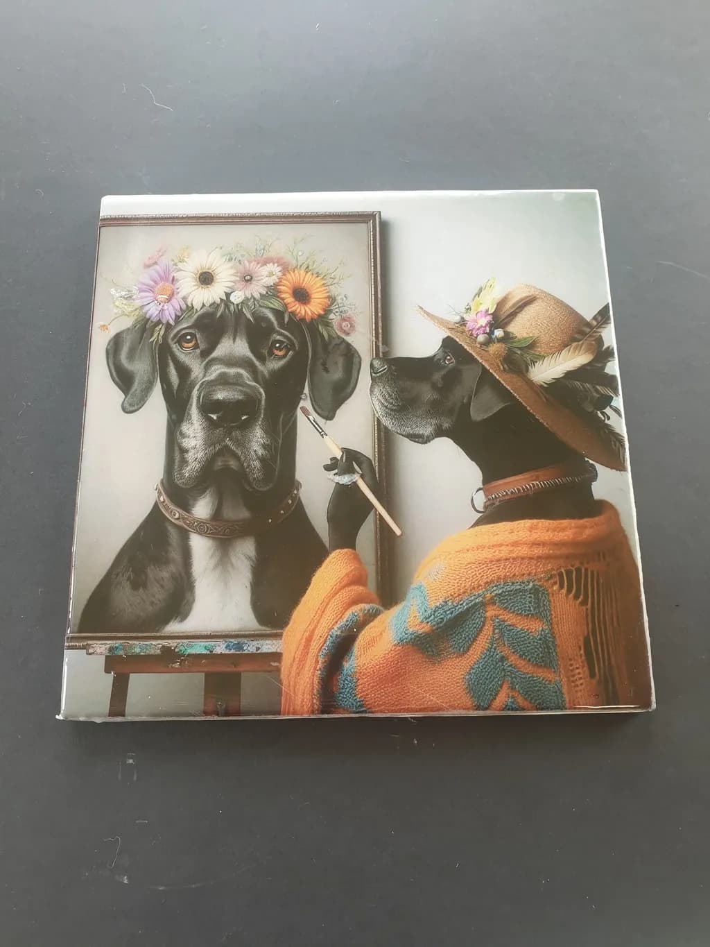 Whimsical Canine Artist: A Floral Portrait of Creativity and Charm