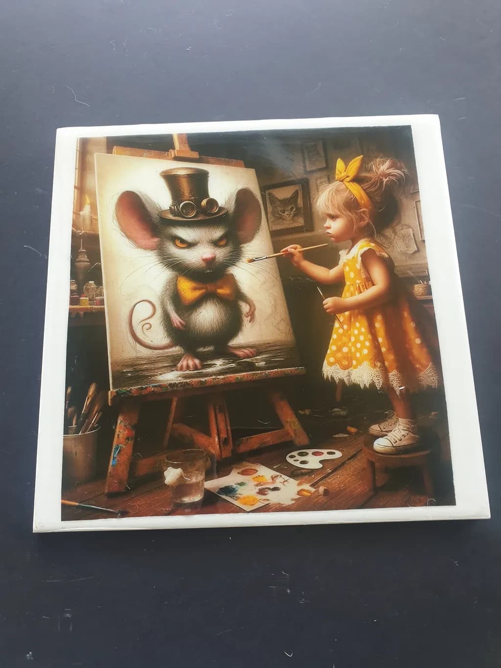 Whimsical Artistry: A Young Girl Painting a Dapper Mouse in a Cozy Studio