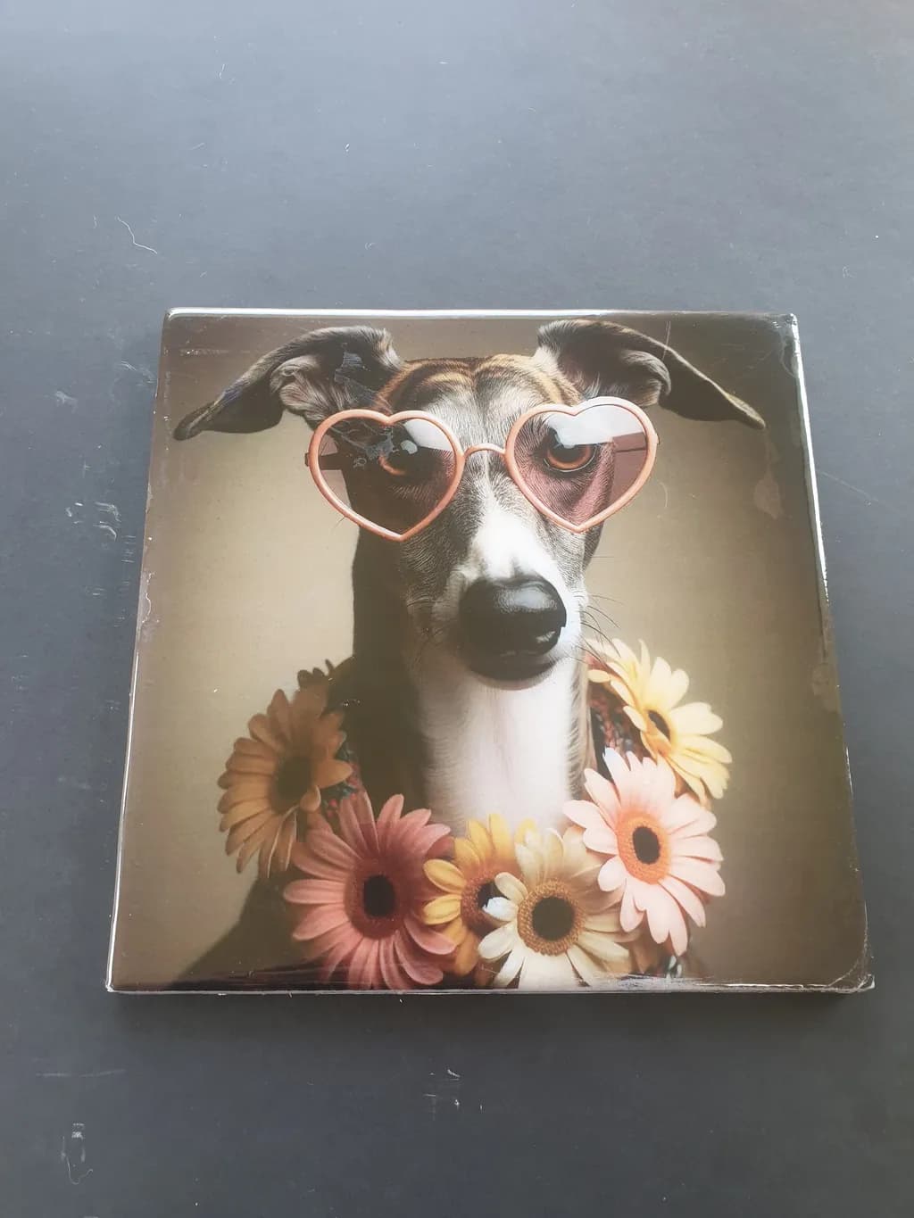 Whimsical Portrait of a Playful Dog in Heart-Shaped Glasses Surrounded by Flowers