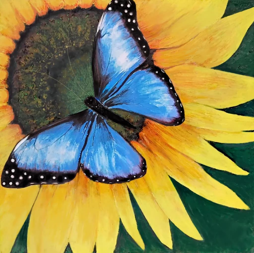 Whispers of Nature: A Blue Butterfly Embracing a Sunflower's Radiance