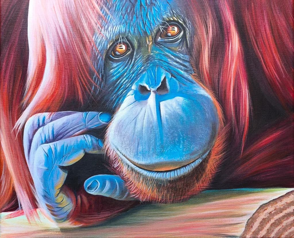 Whimsical Contemplation: An Orangutan's Colorful Reflection on Life