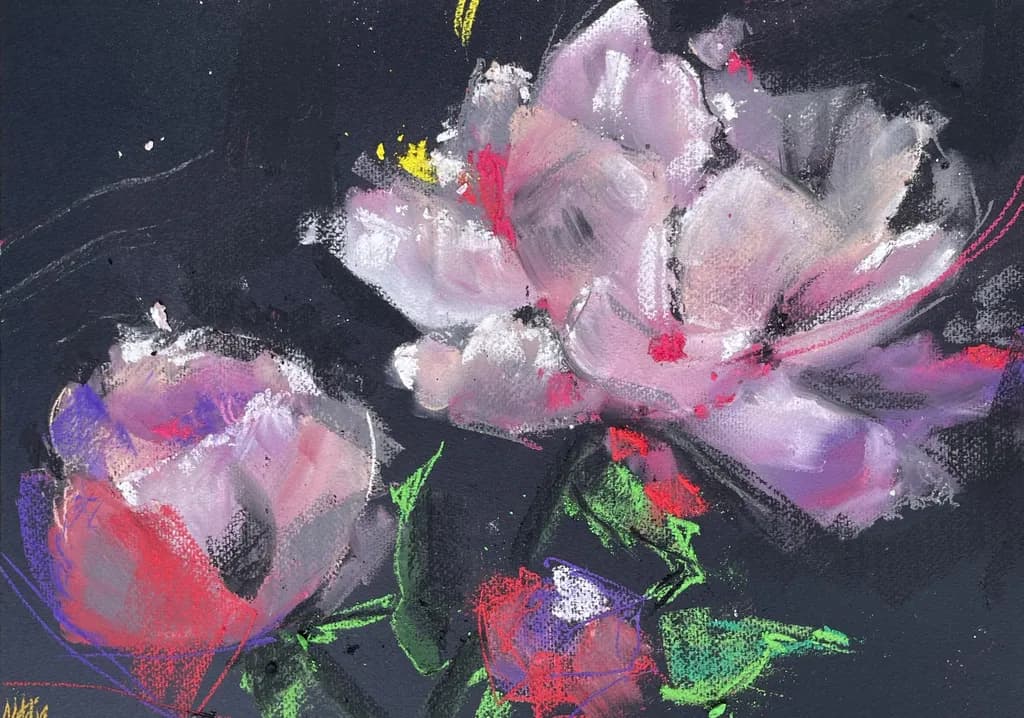 Whispers of Bloom: A Dance of Pastel Petals on Dark Canvas
