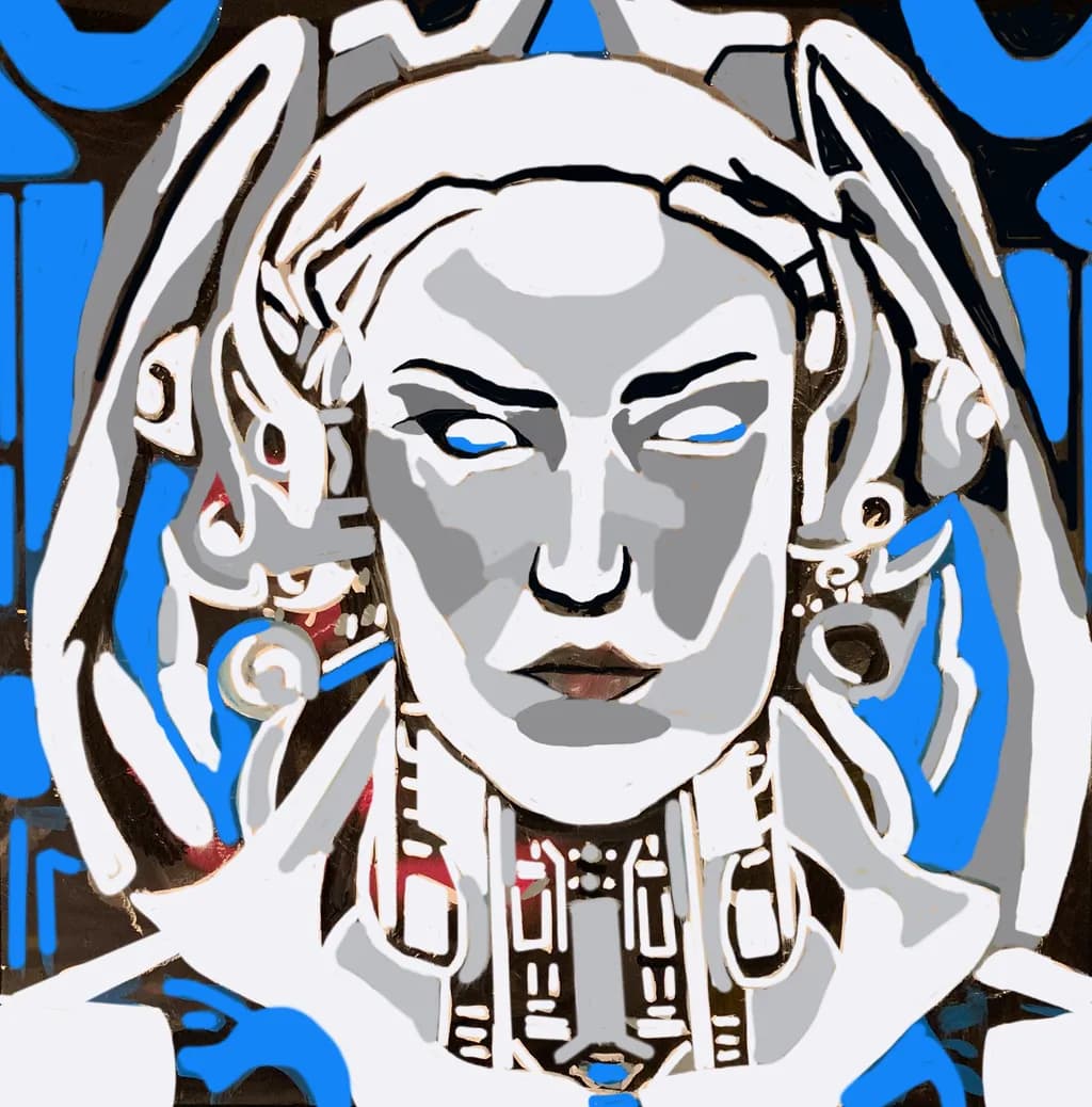 Ethereal Gaze: A Geometric Portrait in Blue and Expressionistic Form
