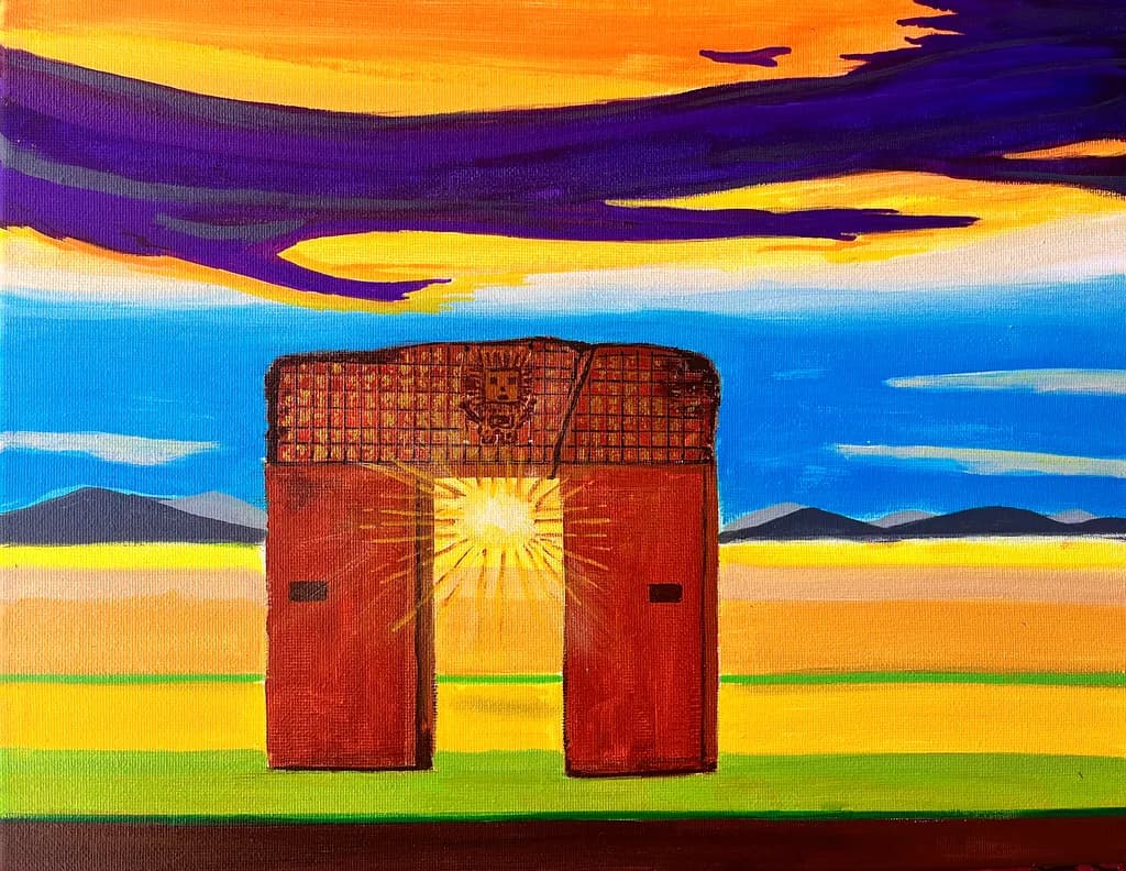 Gateway to Vibrant Horizons: A Sunset Landscape in Mixed Media