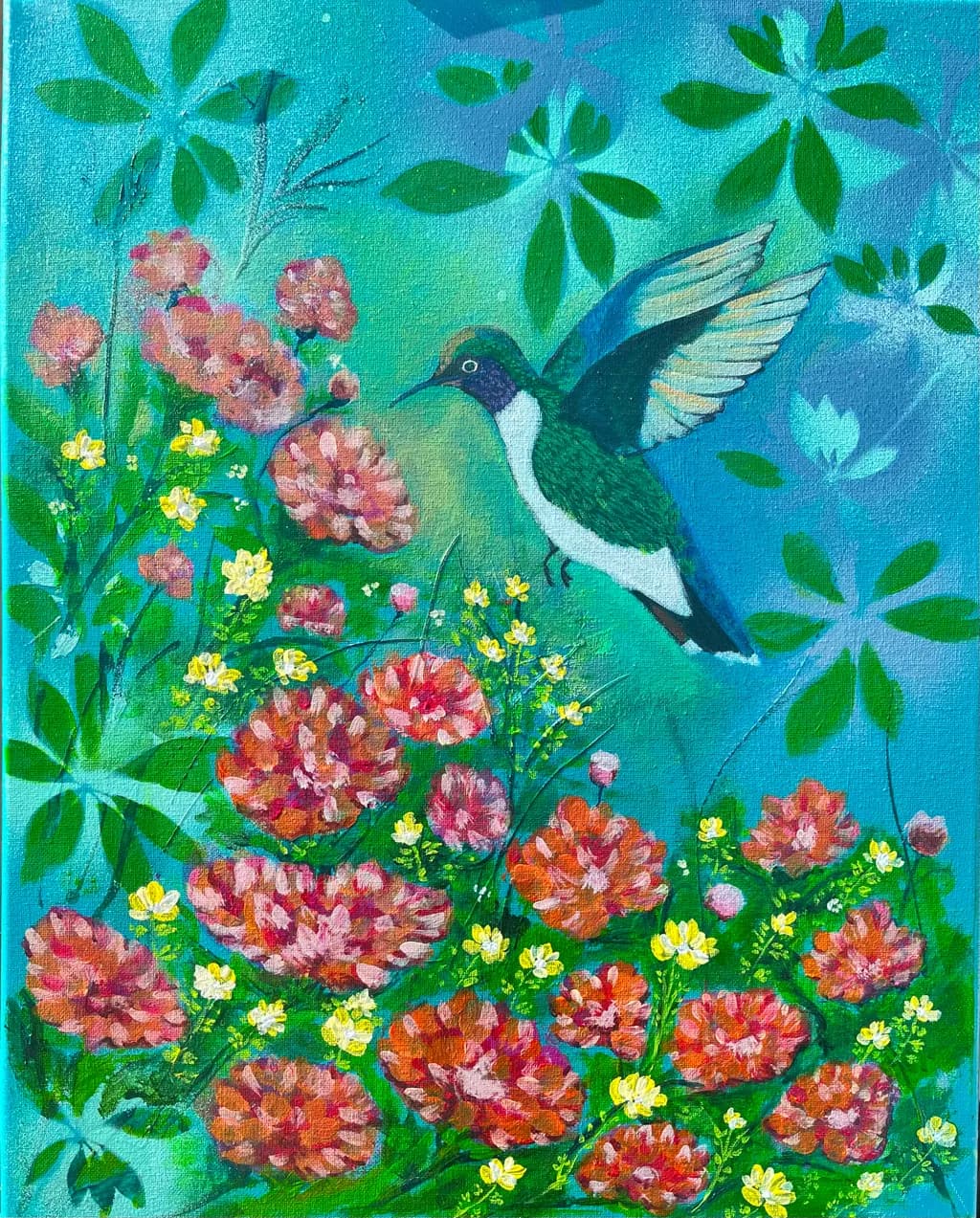 Whimsical Hummingbird Dance Among Vibrant Blooms: A Colorful Nature Escape