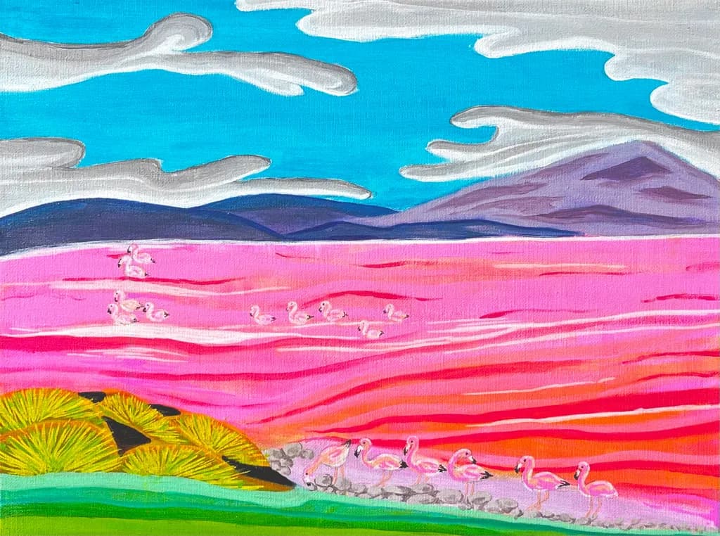 Whimsical Waters: A Vibrant Dance of Flamingos and Colorful Horizons