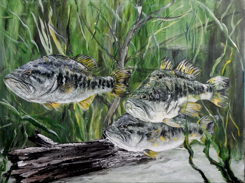 Underwater Symphony: Realistic Bass Amidst Lush Greenery
