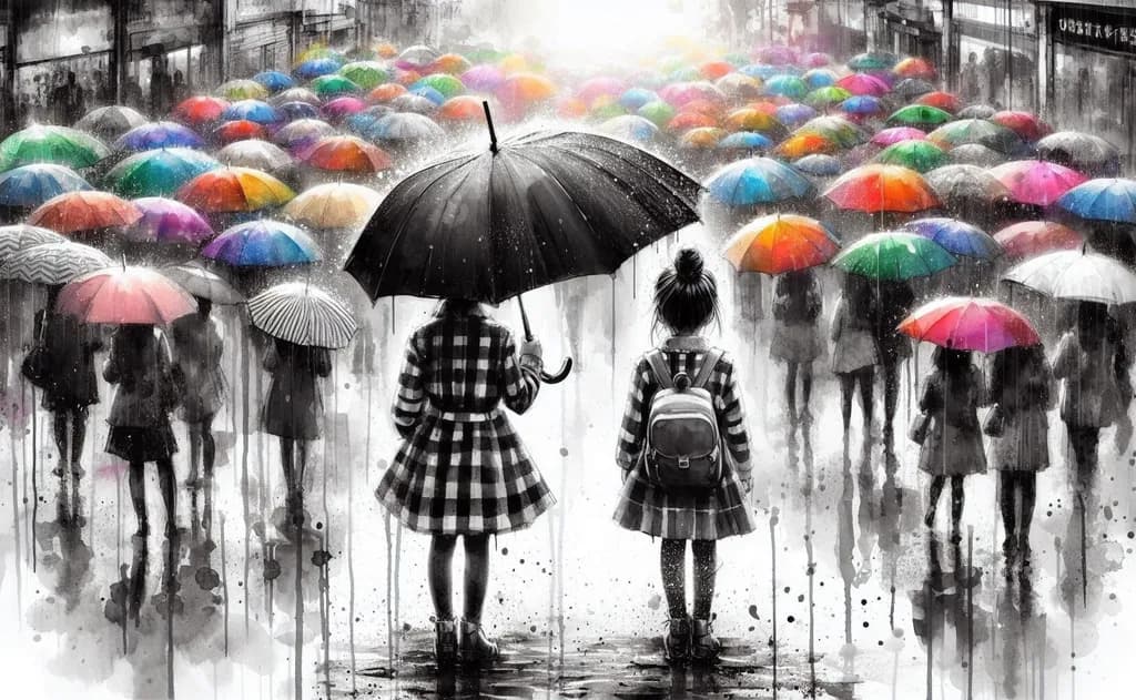 Colorful Umbrellas: A Joyful Dance in the Rain with Children in an Urban Landscape