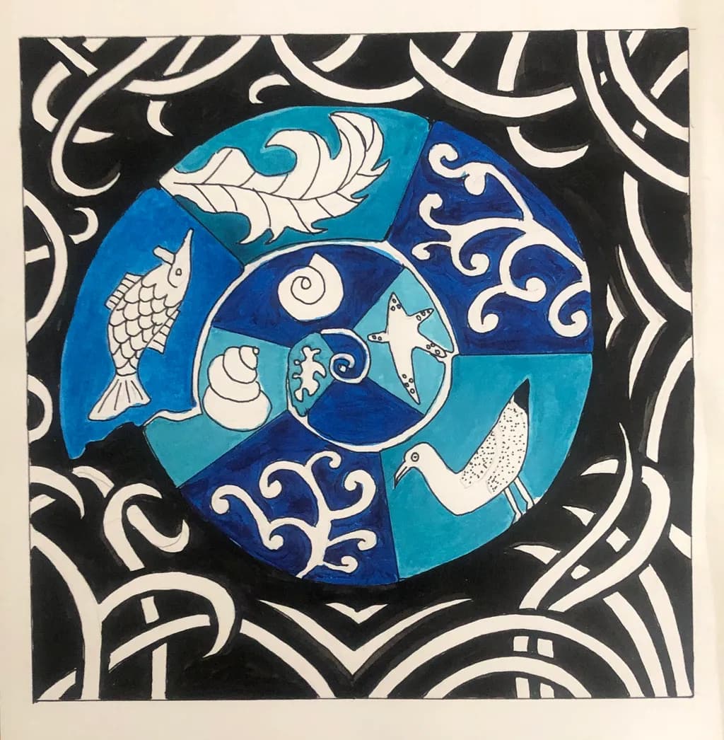 Oceanic Whimsy: A Dance of Marine Patterns in Blue and Black