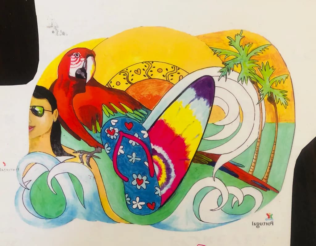 Tropical Vibes: A Colorful Parrot and Surfboard Escape to Paradise