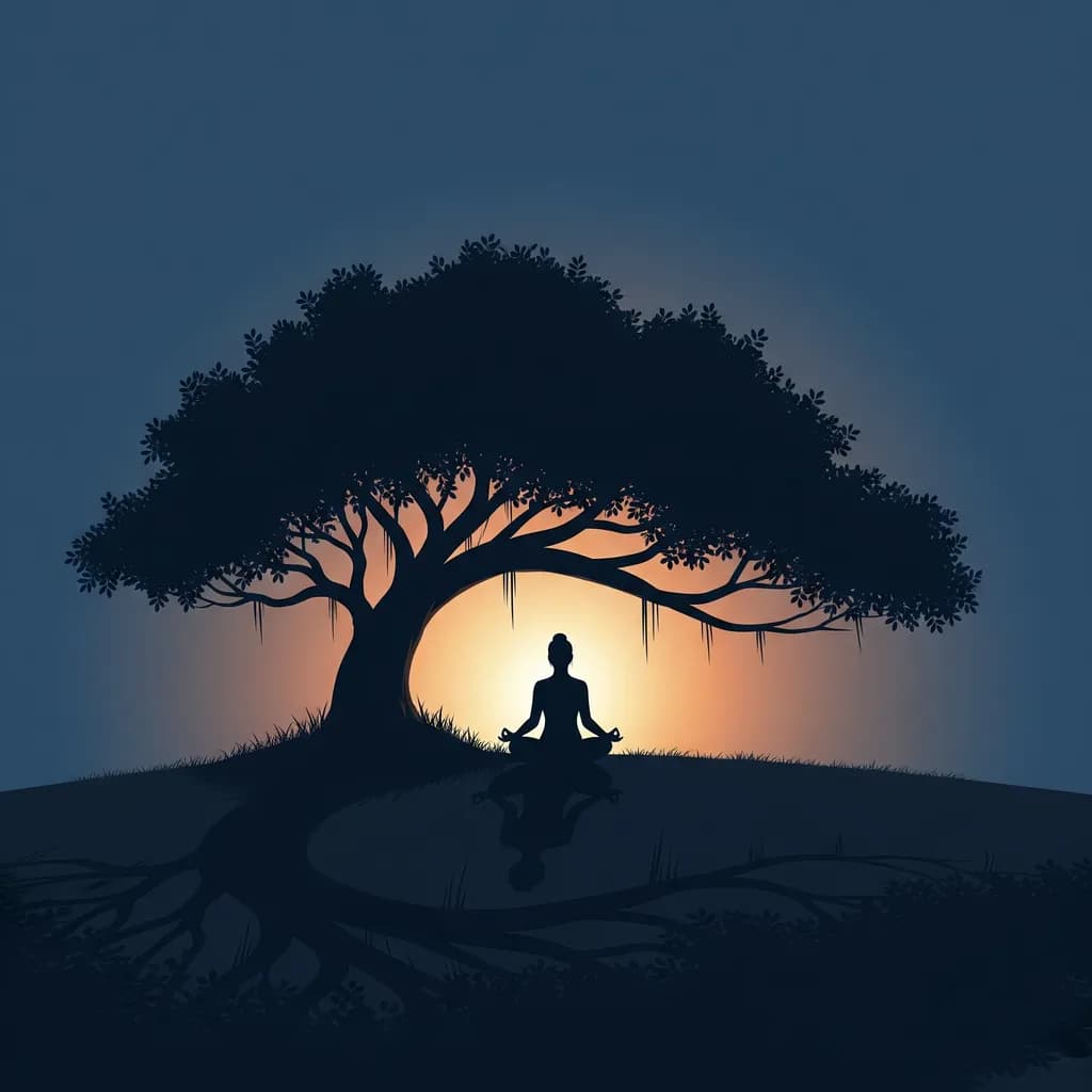 Serenity Beneath the Ancient Tree: A Meditative Journey at Dusk
