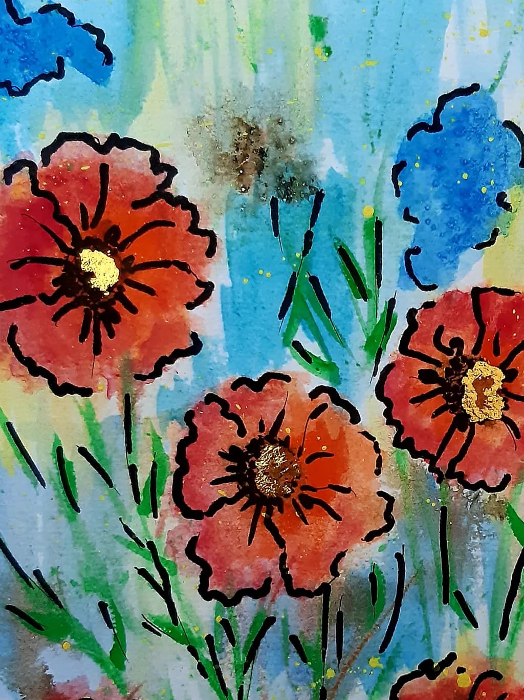 Whispers of Spring: Vibrant Poppies Dancing in a Blue Dreamscape