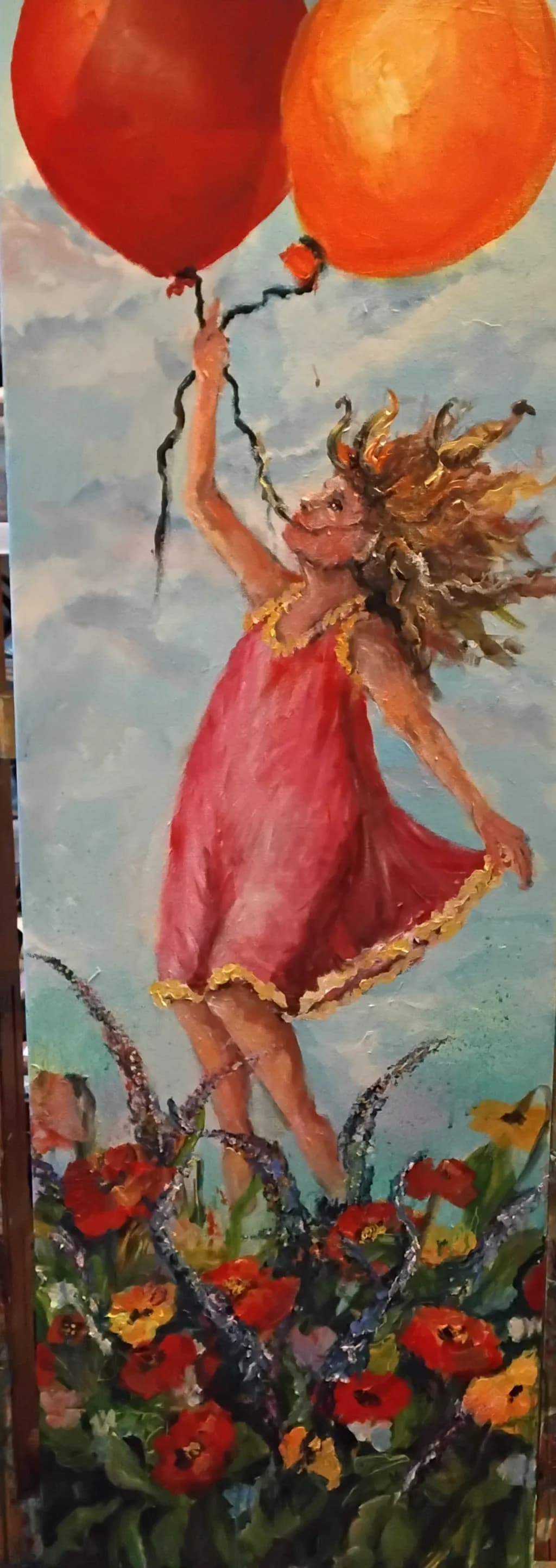 Joyful Flight: A Girl's Dream Among Blossoms and Balloons