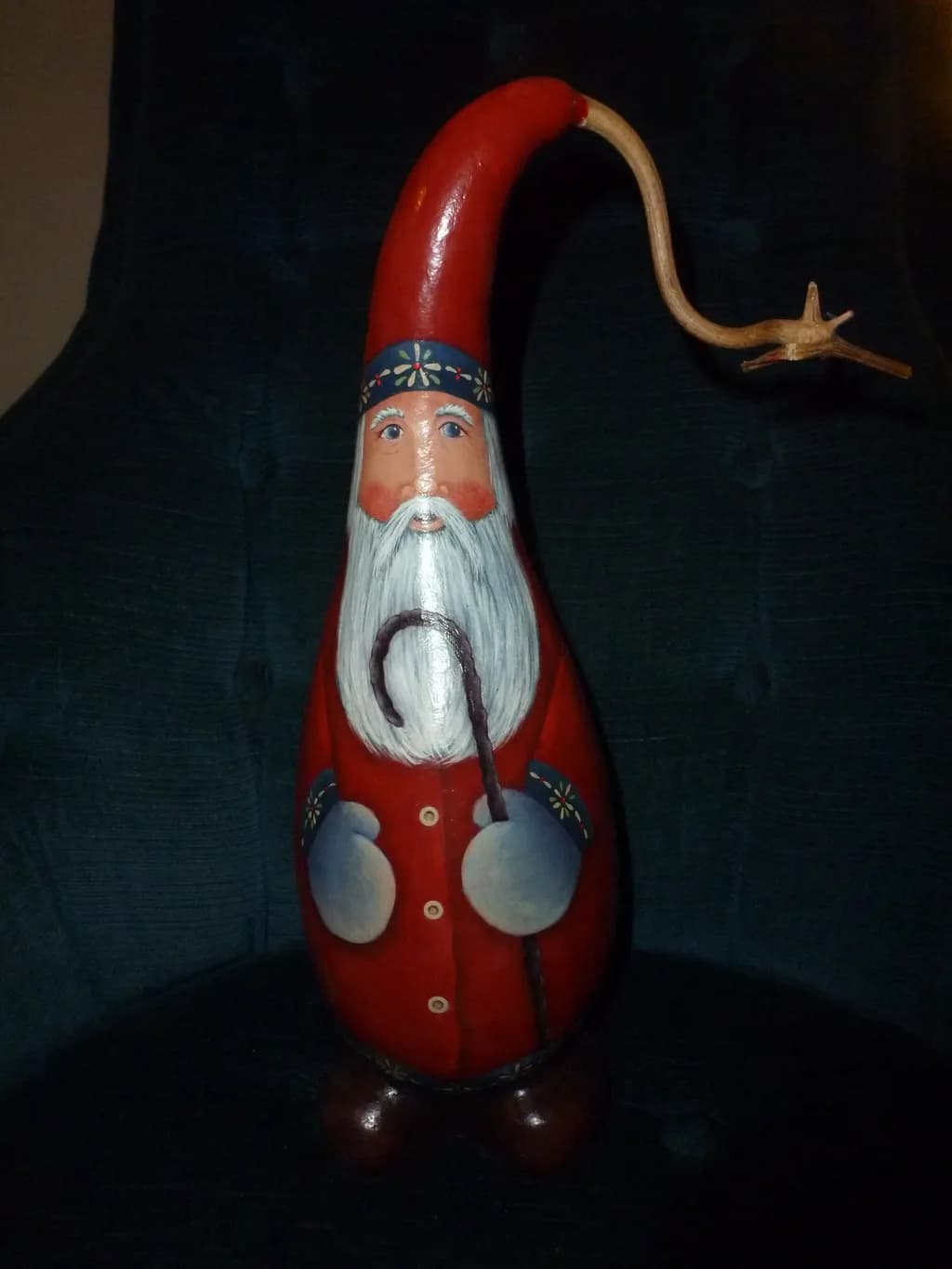Whimsical Santa Claus Gourd Figurine with Curved Hat and Hand-Painted Details