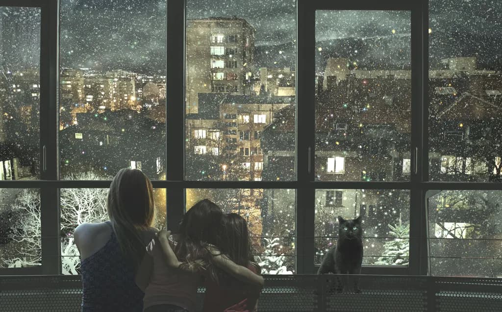 Cozy Winter Nights: A Family Embrace by the Snowy Window