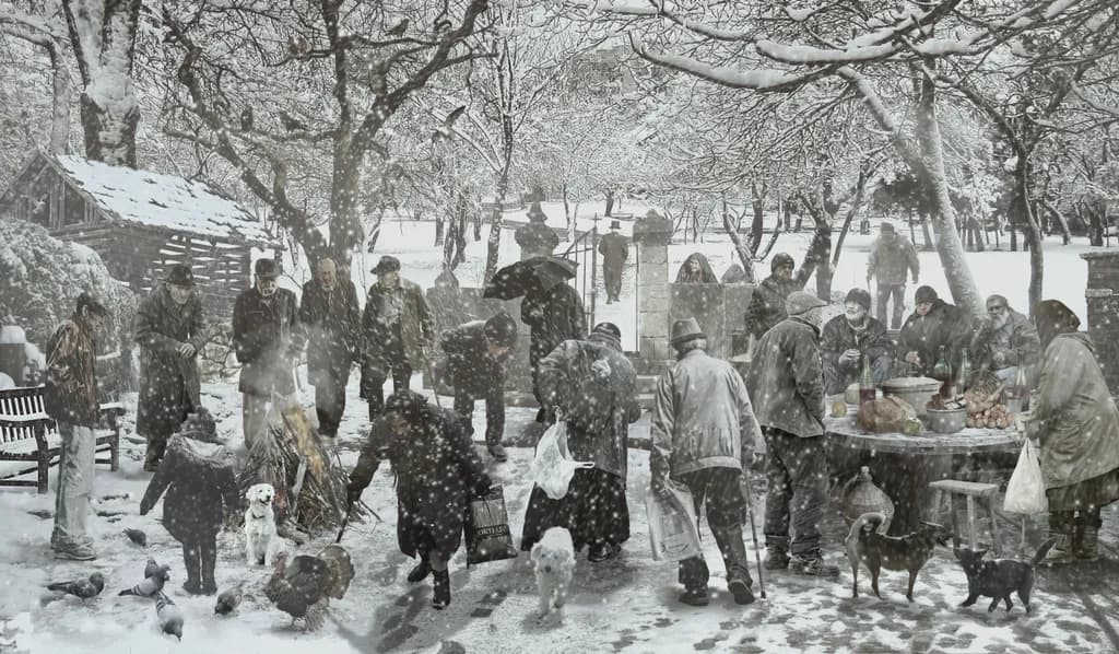 Winter's Embrace: A Community Gathering Amidst the Snowfall